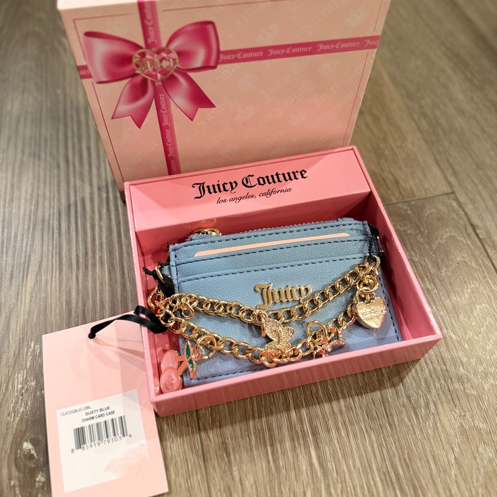 Juicy Couture Dusty Blue Charm‎ Card Case – NWT in Gift Box 💗